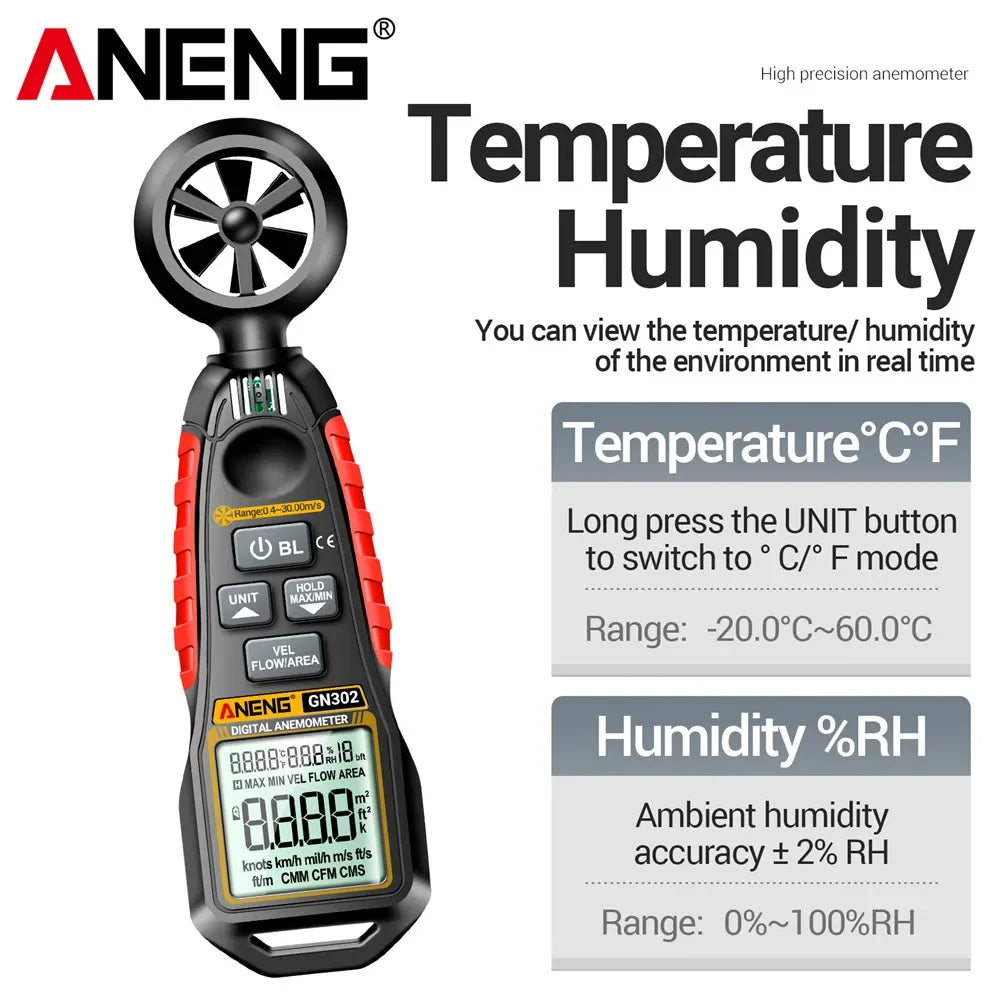 GN302 Handheld Anemometer 9999 Count Digital 0.4~30.00M/S Wind Speed Meter -20.0C~60.0C Temperature Tester Anemometro