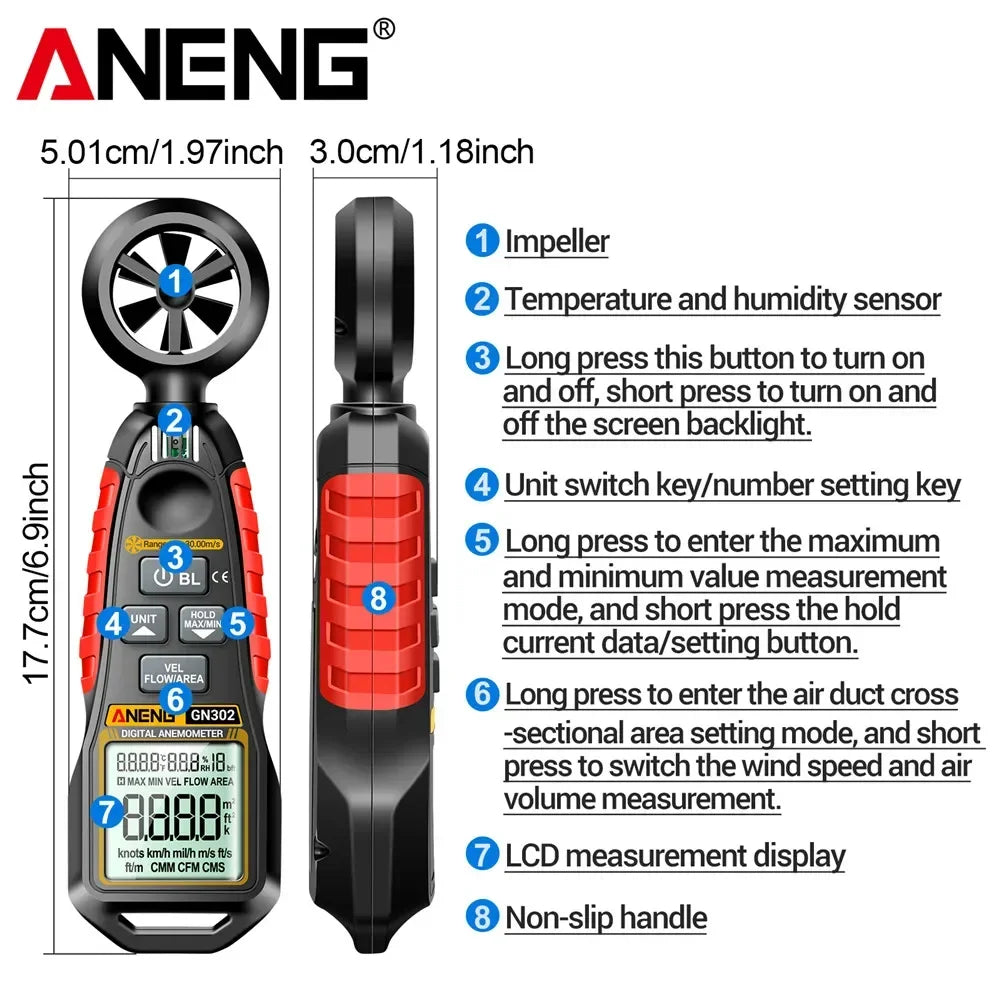 GN302 Handheld Anemometer 9999 Count Digital 0.4~30.00M/S Wind Speed Meter -20.0C~60.0C Temperature Tester Anemometro