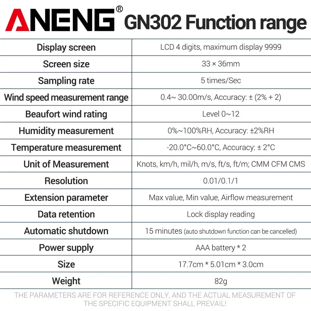 GN302 Handheld Anemometer 9999 Count Digital 0.4~30.00M/S Wind Speed Meter -20.0C~60.0C Temperature Tester Anemometro