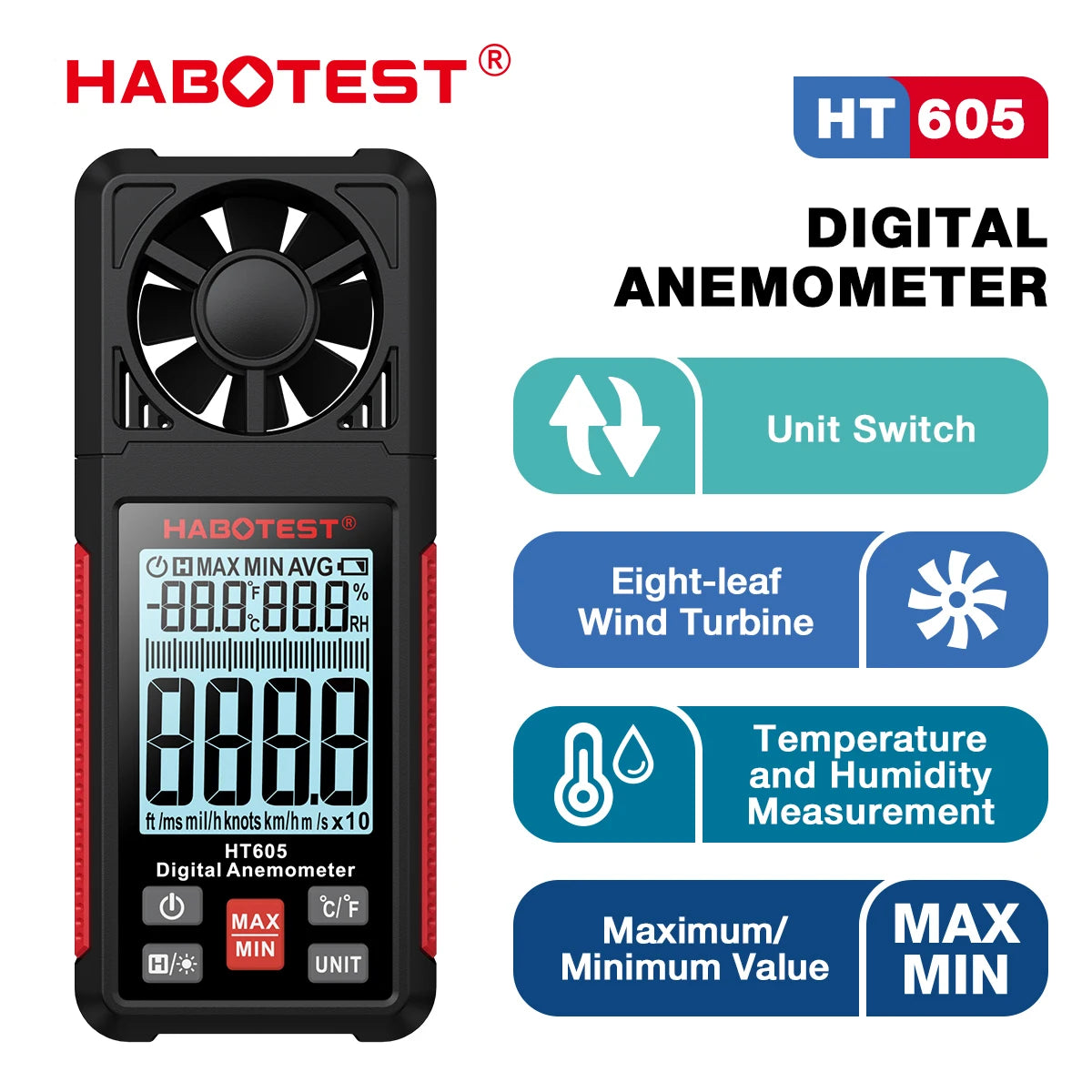 HT605 Digital Anemometer Portable Wind Speed Meter Windmeter LCD Backlight Display Temperature Humidity Meter