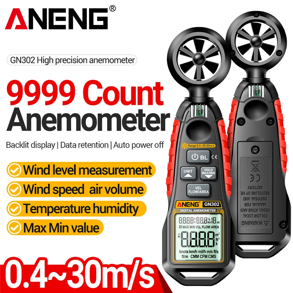 GN302 Handheld Anemometer 9999 Count Digital 0.4~30.00M/S Wind Speed Meter -20.0C~60.0C Temperature Tester Anemometro