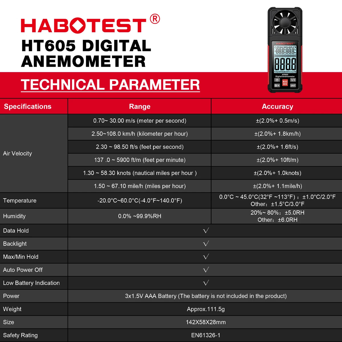 HT605 Digital Anemometer Portable Wind Speed Meter Windmeter LCD Backlight Display Temperature Humidity Meter
