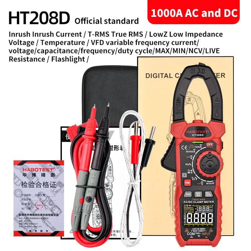 HT208 206 Digital Clamp Meter Pro 1000A 1000V AC DC Current Clamp True RMS Pliers Ammeter Voltmeter VFD REL Ohm Capacitor Tester