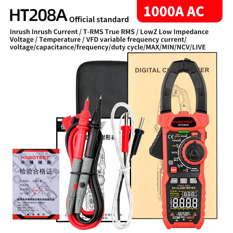 HT208 206 Digital Clamp Meter Pro 1000A 1000V AC DC Current Clamp True RMS Pliers Ammeter Voltmeter VFD REL Ohm Capacitor Tester