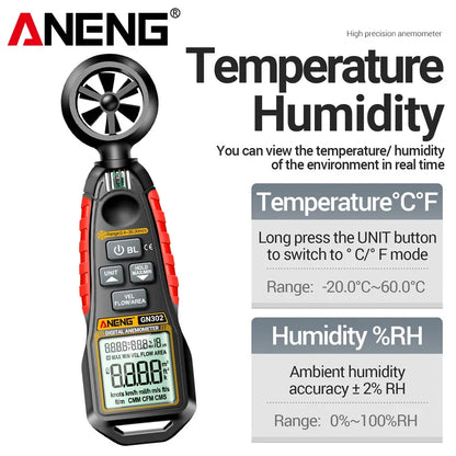 GN302 Handheld Anemometer 9999 Count Digital 0.4~30.00M/S Wind Speed Meter -20.0C~60.0C Temperature Tester Anemometro