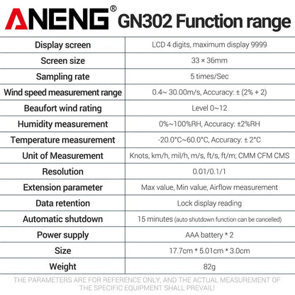 GN302 Handheld Anemometer 9999 Count Digital 0.4~30.00M/S Wind Speed Meter -20.0C~60.0C Temperature Tester Anemometro