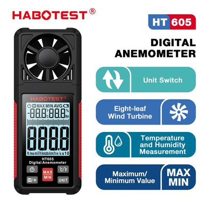 HT605 Digital Anemometer Portable Wind Speed Meter Windmeter LCD Backlight Display Temperature Humidity Meter