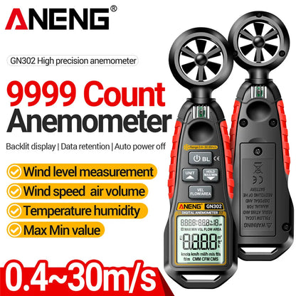 GN302 Handheld Anemometer 9999 Count Digital 0.4~30.00M/S Wind Speed Meter -20.0C~60.0C Temperature Tester Anemometro