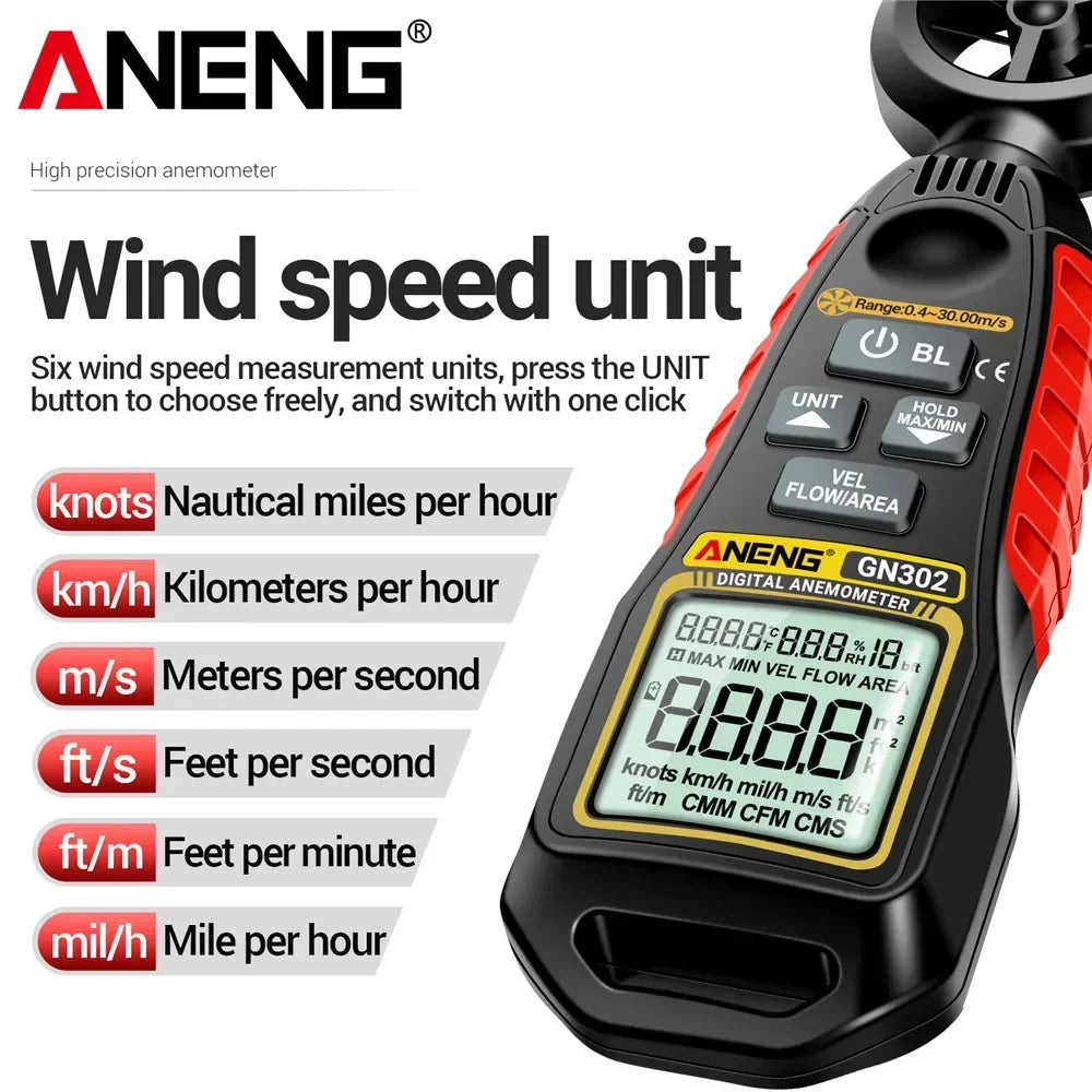 GN302 Handheld Anemometer 9999 Count Digital 0.4~30.00M/S Wind Speed Meter -20.0C~60.0C Temperature Tester Anemometro