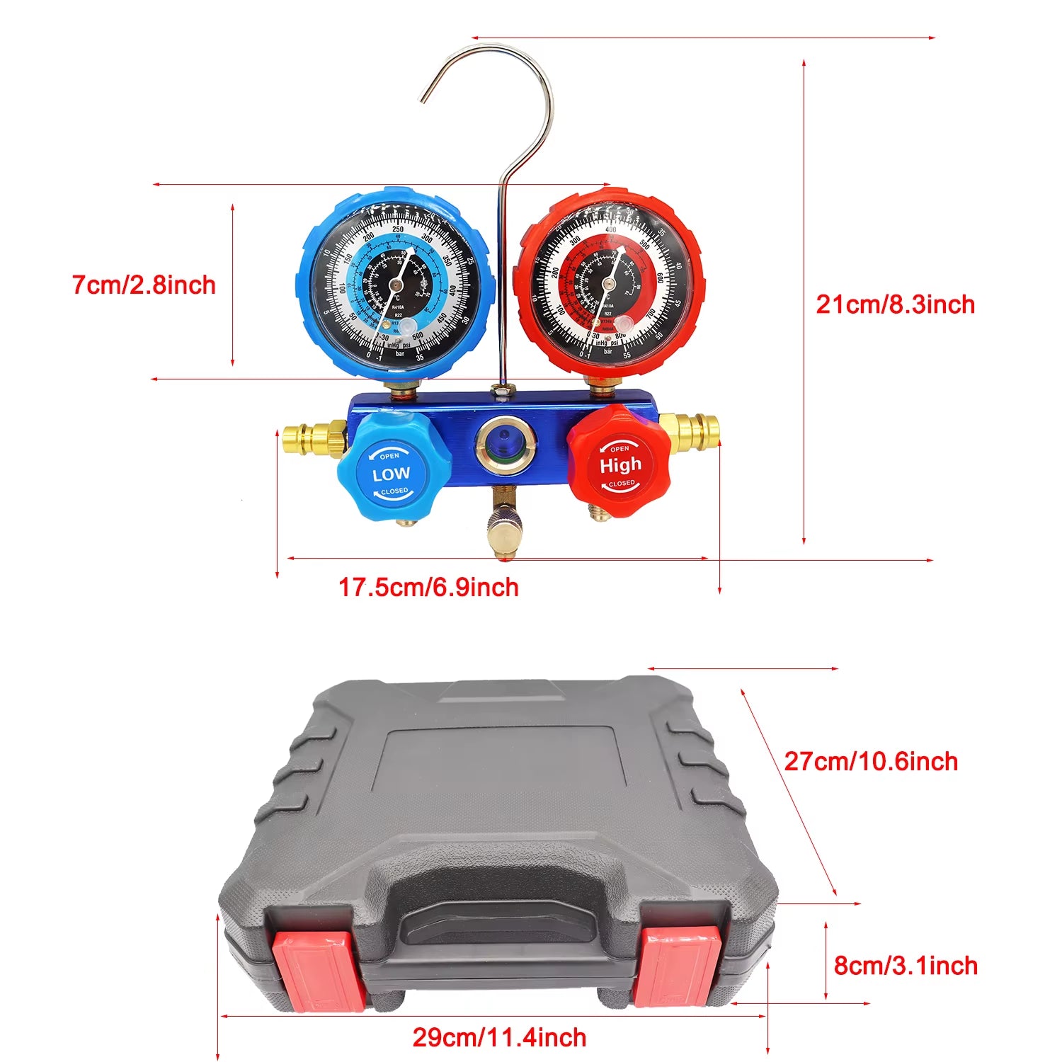 3 Way Manifold Gauge Air Conditioning Diagnostic Freon Charging Set - Fits R134A R404A R410A R22 Refrigerants 2 Couplers Can Tap