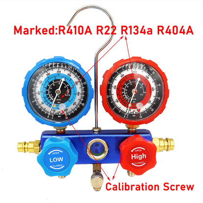 3 Way Manifold Gauge Air Conditioning Diagnostic Freon Charging Set - Fits R134A R404A R410A R22 Refrigerants 2 Couplers Can Tap