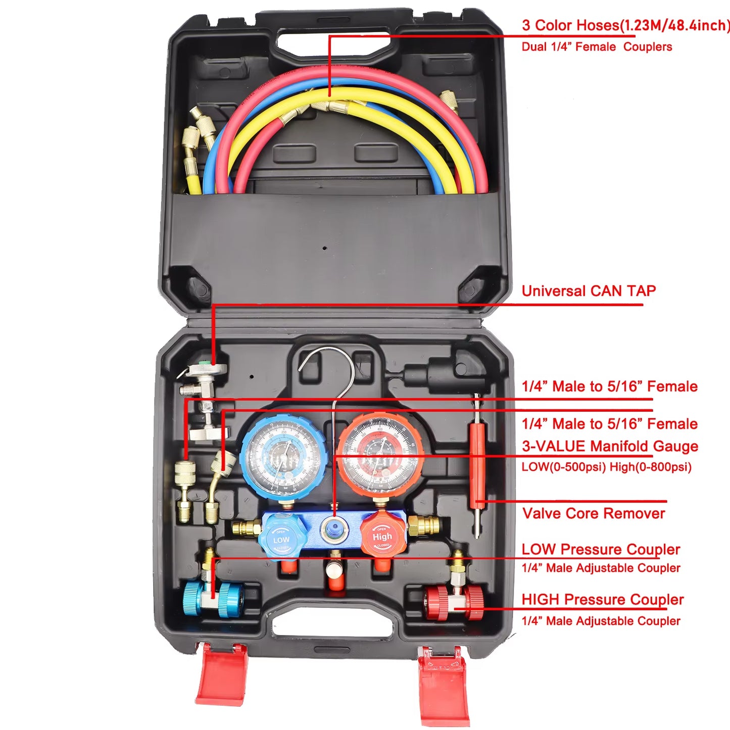 3 Way Manifold Gauge Air Conditioning Diagnostic Freon Charging Set - Fits R134A R404A R410A R22 Refrigerants 2 Couplers Can Tap