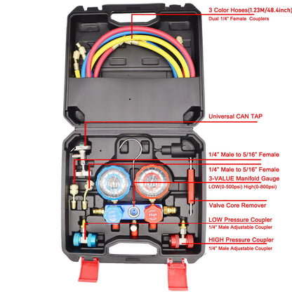 3 Way Manifold Gauge Air Conditioning Diagnostic Freon Charging Set - Fits R134A R404A R410A R22 Refrigerants 2 Couplers Can Tap
