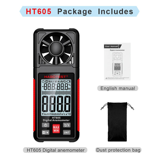 HT605 Digital Anemometer Portable Wind Speed Meter Windmeter LCD Backlight Display Temperature Humidity Meter